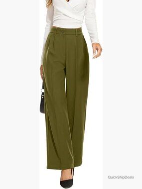 High Elastic Waist Wide Leg Pants, Polyester Elastane Work Trousers